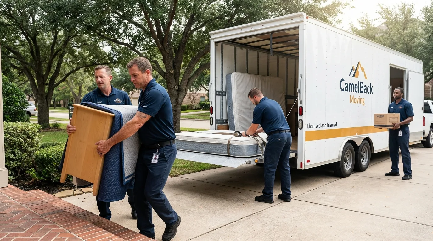 Crew loading residential truck for cross-state move from Sheldon, ND