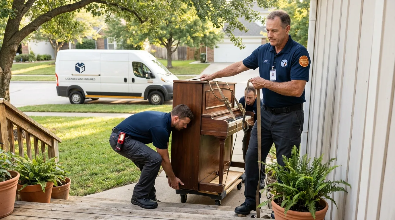 Licensed piano movers securing grand piano in Sheldon, ND