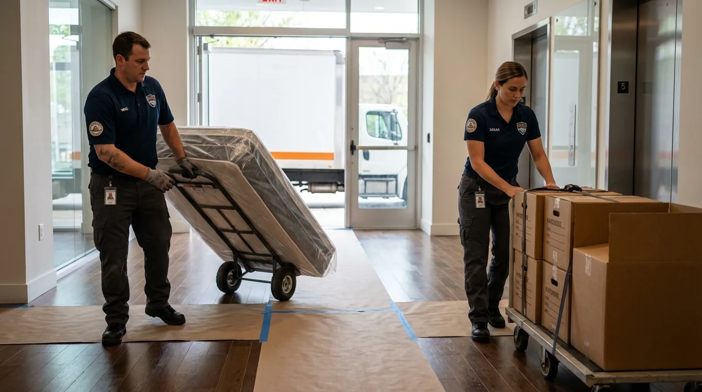 Professional apartment movers loading elevator in Sheldon, ND